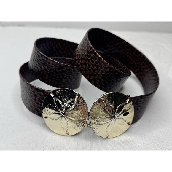 Vintage Gold-Tone Sand Dollar BUCKLE Adjustable Brown Snakeskin Belt ONE SIZE - Picture 1 of 8